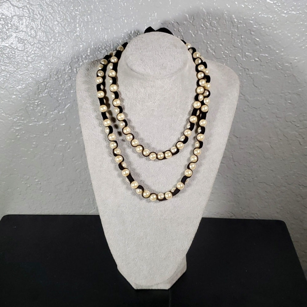 Unique Pearl and Black Ribbon design Stylish Long Necklace.